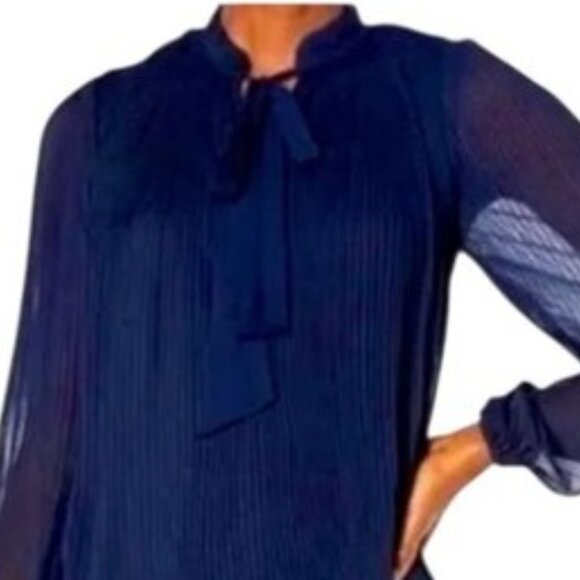 NWT! DKNY Long-Sleeve Tie-Neck Pleated Shift Dress Blue Georgette - 14W - Picture 2 of 13